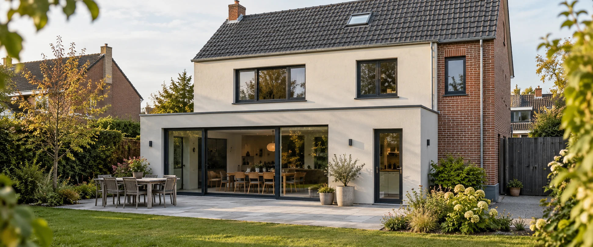 Maison rénovée à la façade claire et aux châssis foncés, avec une terrasse en pierre donnant sur le jardin.