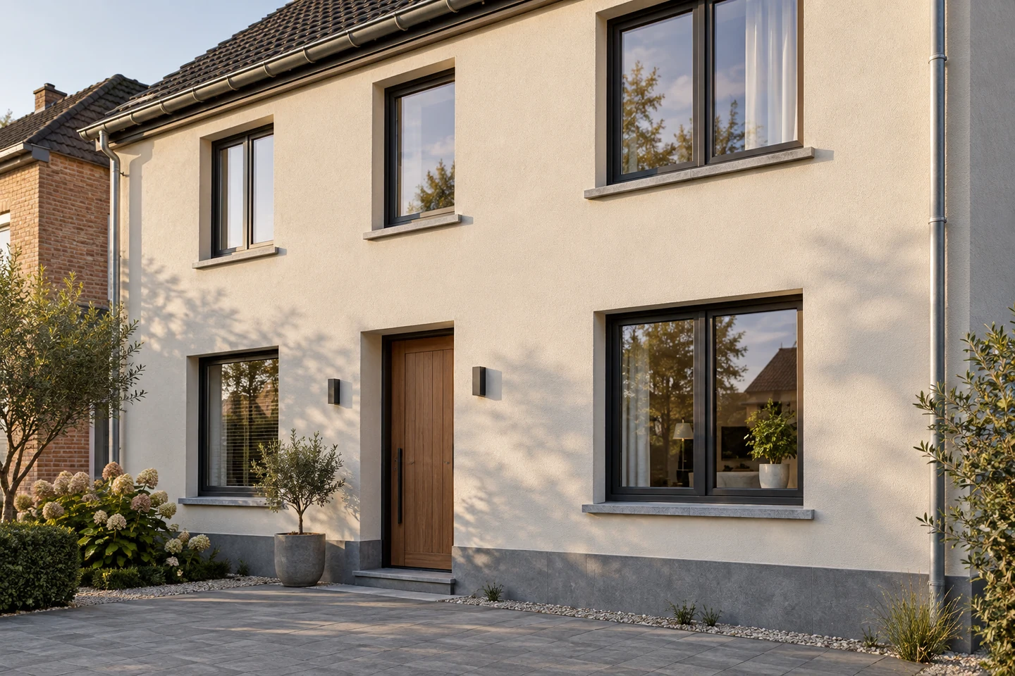 Façade claire avec des châssis foncés, des appuis de fenêtre gris et une porte à l’aspect bois.