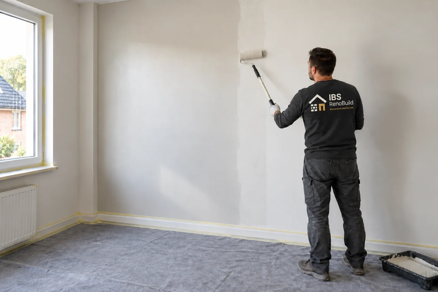 Un peintre applique la peinture sur un mur lisse, avec le sol et les bordures protégés.