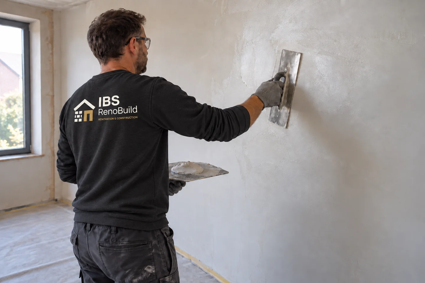Un artisan lisse un mur intérieur à la taloche métallique.