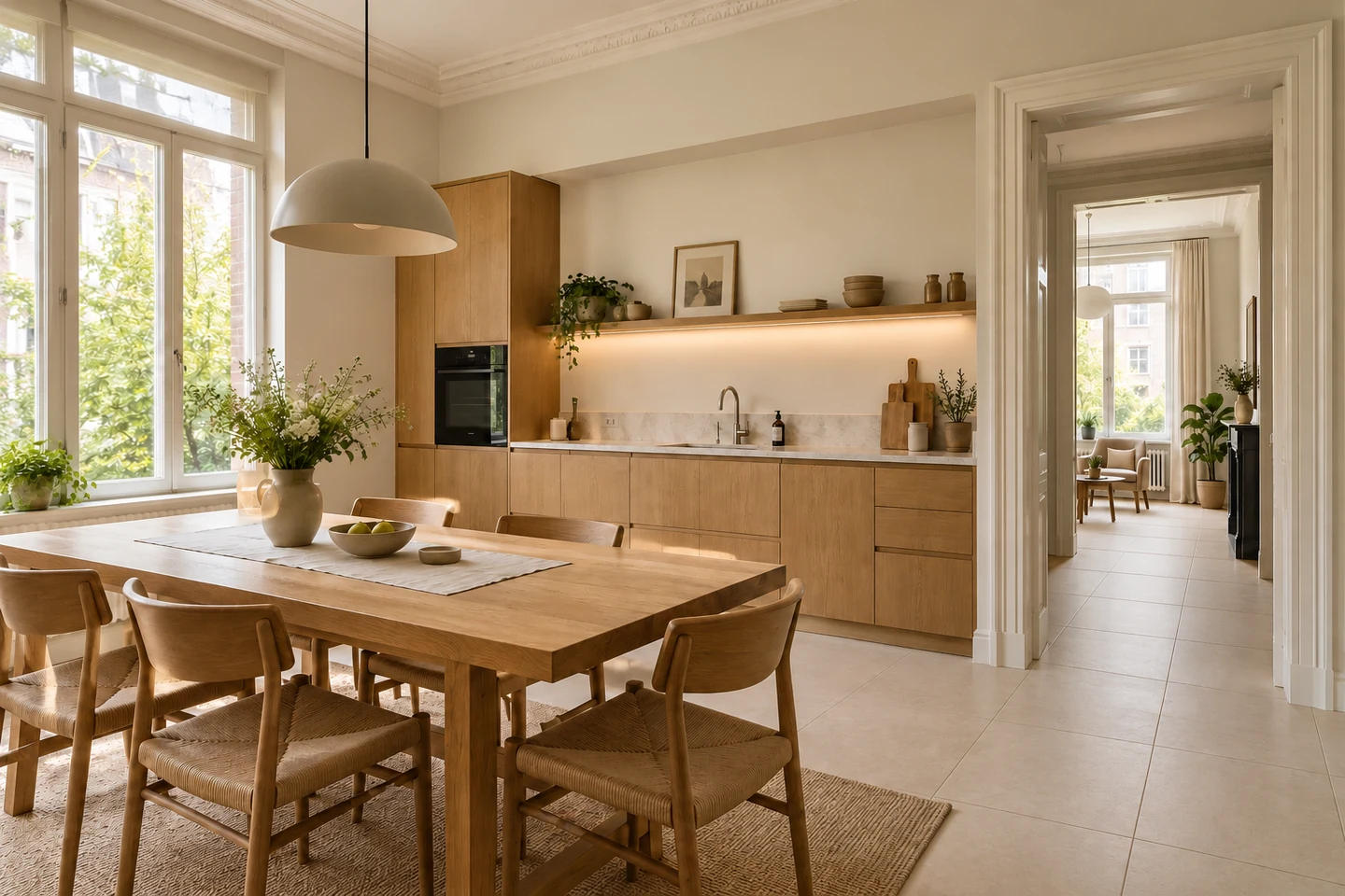 Cuisine et salle à manger lumineuses, avec des meubles à l’aspect bois et une ouverture vers le séjour.